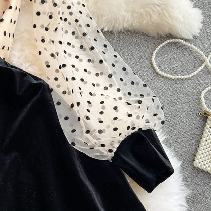 Cute Polka Dot Stitching Long-sleeved Dress RF0316