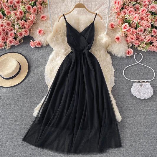 Simple V Neck Tulle Short Dress Black Party Dress  RF0312