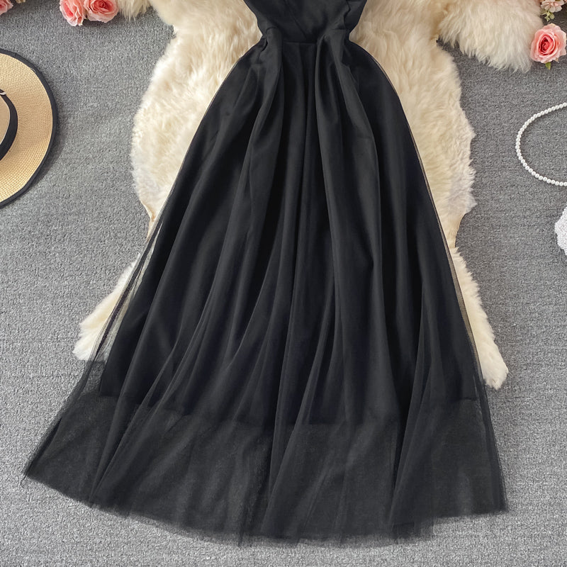 Robe courte en tulle noire à col en V et simple, tenue de soirée RF0312