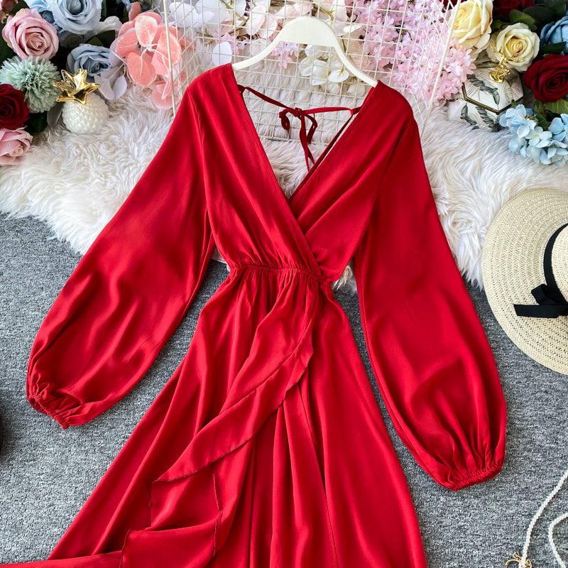 Red V Neck Long Sleeve Dress Fashion Dress RF0310