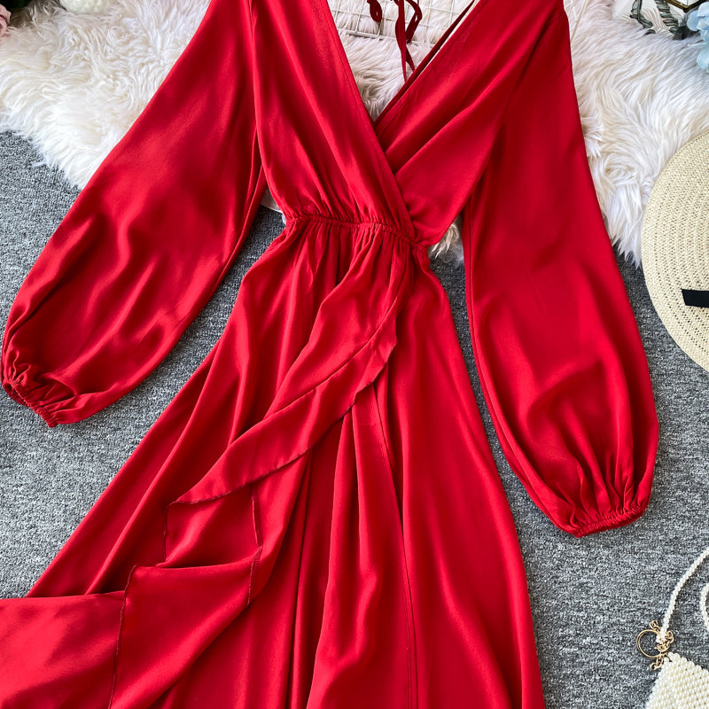 Red V Neck Long Sleeve Dress Fashion Dress RF0310