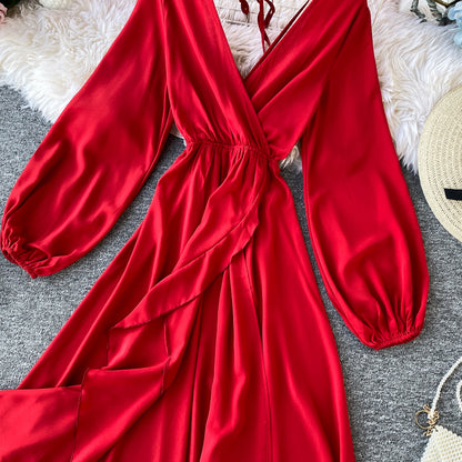 Red V Neck Long Sleeve Dress Fashion Dress RF0310