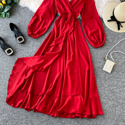 Red V Neck Long Sleeve Dress Fashion Dress RF0310