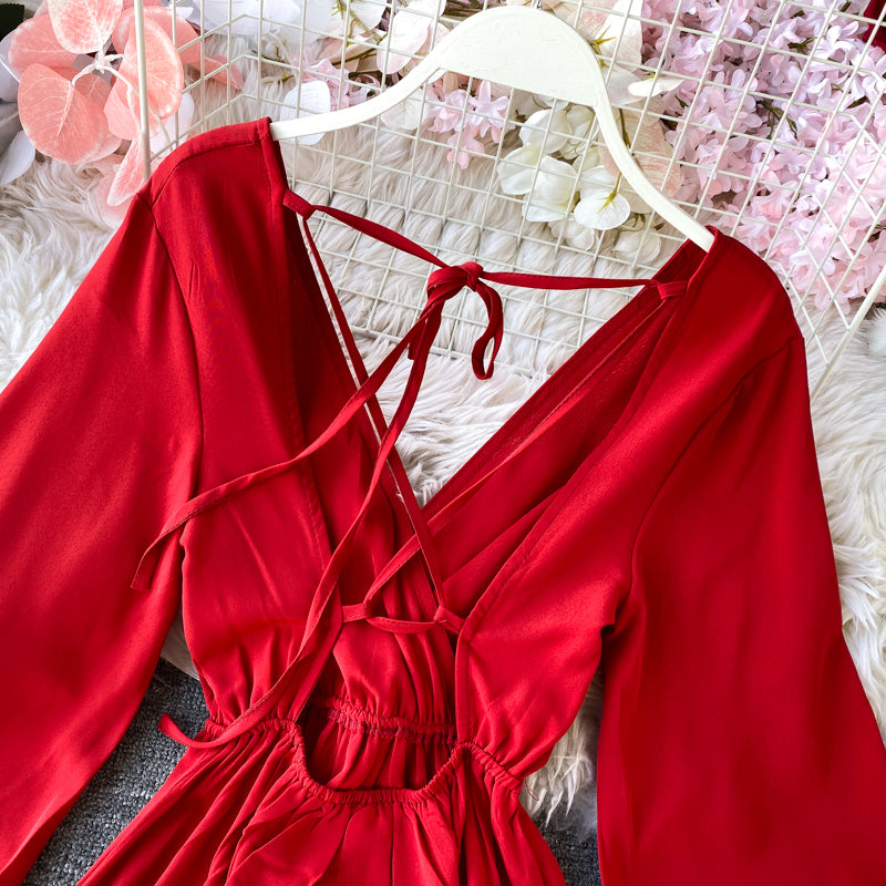 Red V Neck Long Sleeve Dress Fashion Dress RF0310