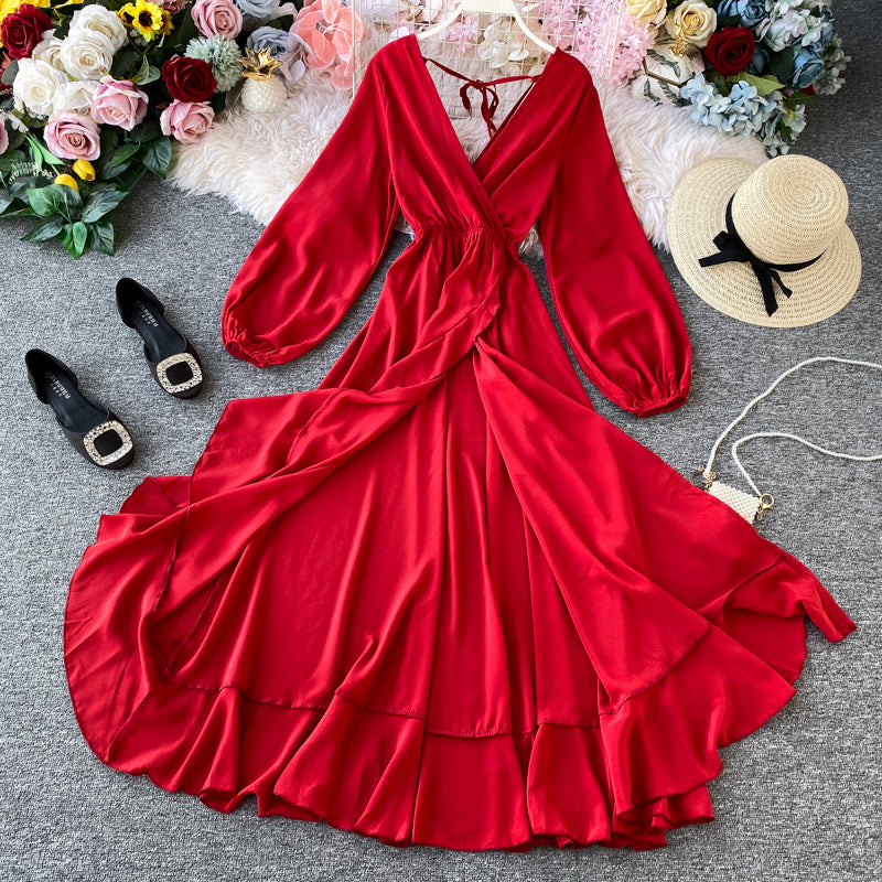 Red V Neck Long Sleeve Dress Fashion Dress RF0310