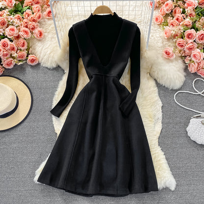 Black Two Pieces Dress Black Knitted Sweater + Woolen Sleeveless Dress RF0309