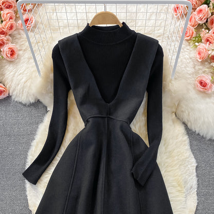 Black Two Pieces Dress Black Knitted Sweater + Woolen Sleeveless Dress RF0309