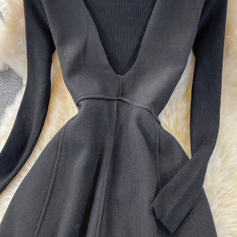 Black Two Pieces Dress Black Knitted Sweater + Woolen Sleeveless Dress RF0309