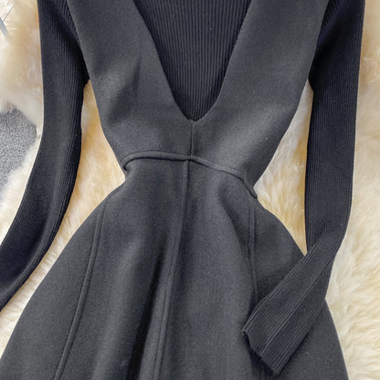 Black Two Pieces Dress Black Knitted Sweater + Woolen Sleeveless Dress RF0309