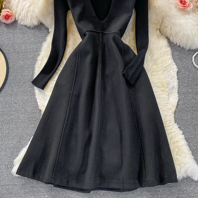 Black Two Pieces Dress Black Knitted Sweater + Woolen Sleeveless Dress RF0309
