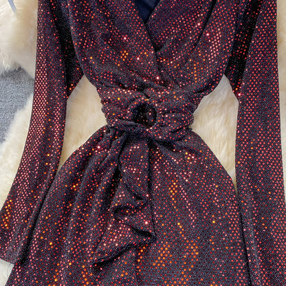 Shiny V Neck Sequins Dress Fashion Dress RF0308