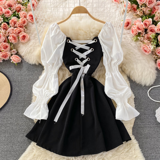 Black Long Sleeve Dress A Line Lace Up Dress RF0300