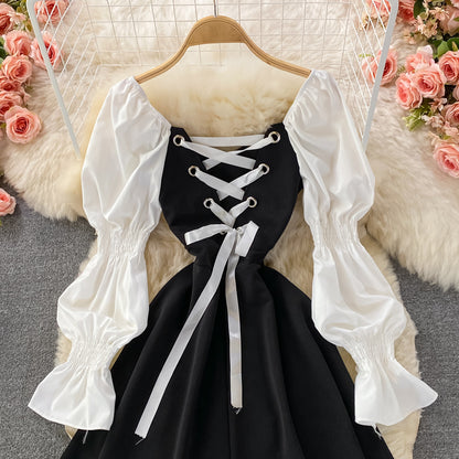 Black Long Sleeve Dress A Line Lace Up Dress RF0300