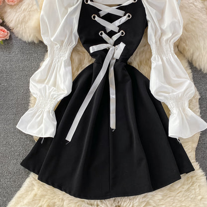 Black Long Sleeve Dress A Line Lace Up Dress RF0300