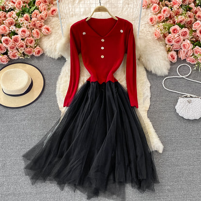 Lovely Knitted Patchwork Tulle Dress A Line Fashion Dress RF0299