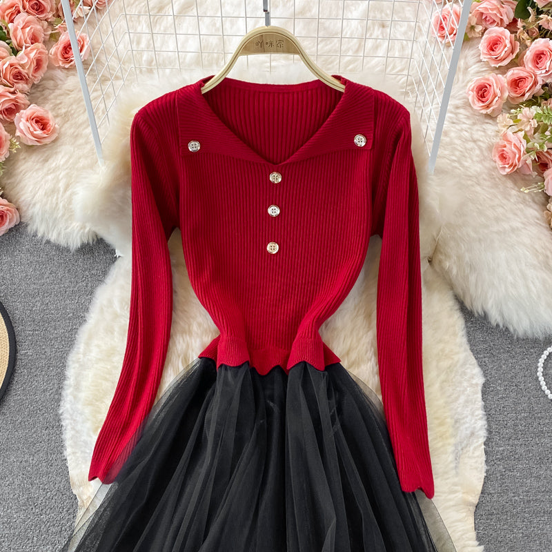 Lovely Knitted Patchwork Tulle Dress A Line Fashion Dress RF0299