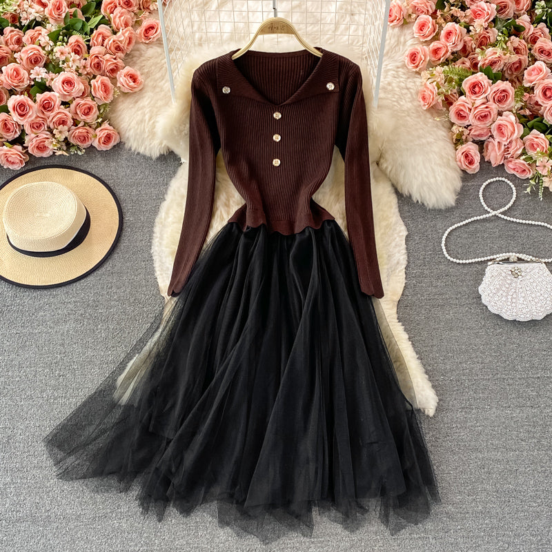 Lovely Knitted Patchwork Tulle Dress A Line Fashion Dress RF0299