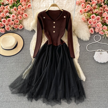 Lovely Knitted Patchwork Tulle Dress A Line Fashion Dress RF0299
