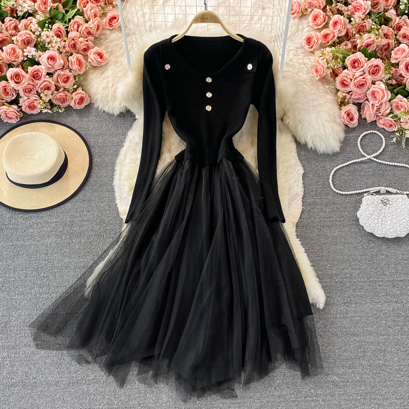 Lovely Knitted Patchwork Tulle Dress A Line Fashion Dress RF0299