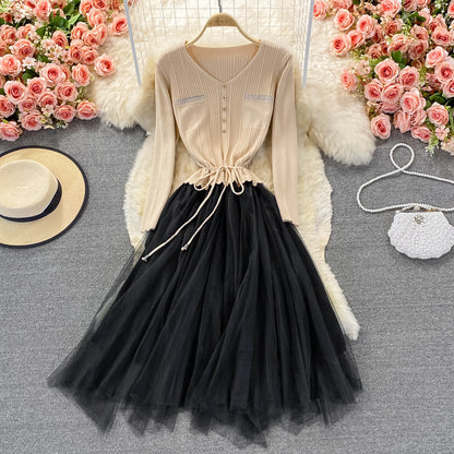 Lovely Knitted Patchwork Tulle Dress A Line V Neck Fashion Dress RF0298