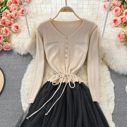 Lovely Knitted Patchwork Tulle Dress A Line V Neck Fashion Dress RF0298