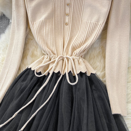 Lovely Knitted Patchwork Tulle Dress A Line V Neck Fashion Dress RF0298