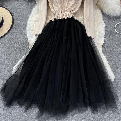 Lovely Knitted Patchwork Tulle Dress A Line V Neck Fashion Dress RF0298