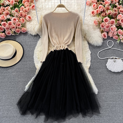 Lovely Knitted Patchwork Tulle Dress A Line V Neck Fashion Dress RF0298