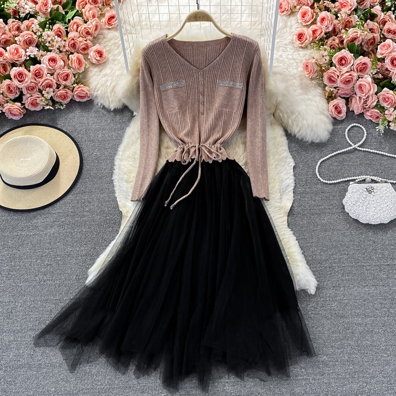Lovely Knitted Patchwork Tulle Dress A Line V Neck Fashion Dress RF0298