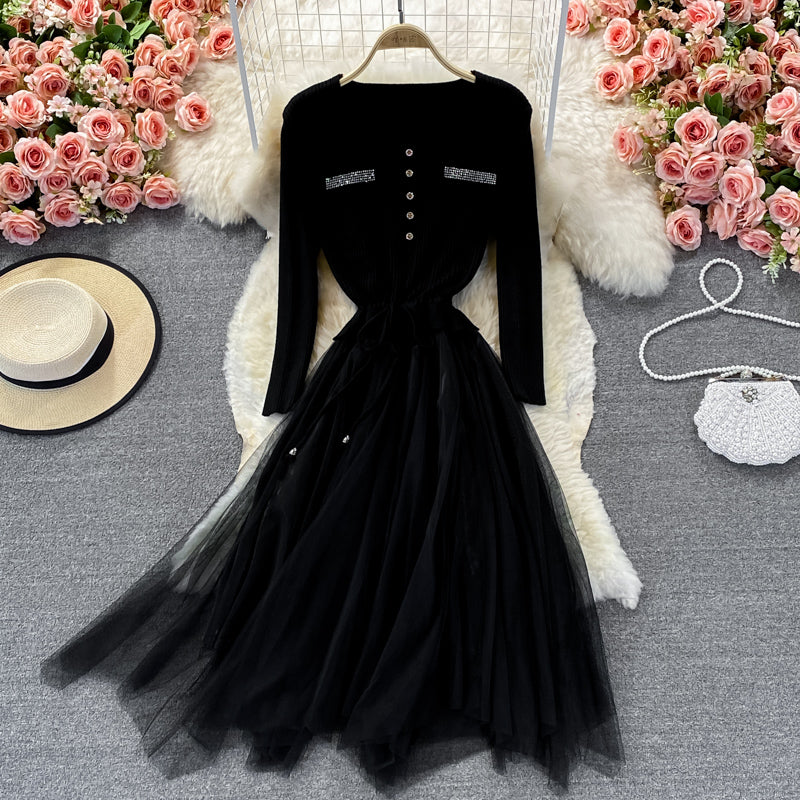 Lovely Knitted Patchwork Tulle Dress A Line V Neck Fashion Dress RF0298