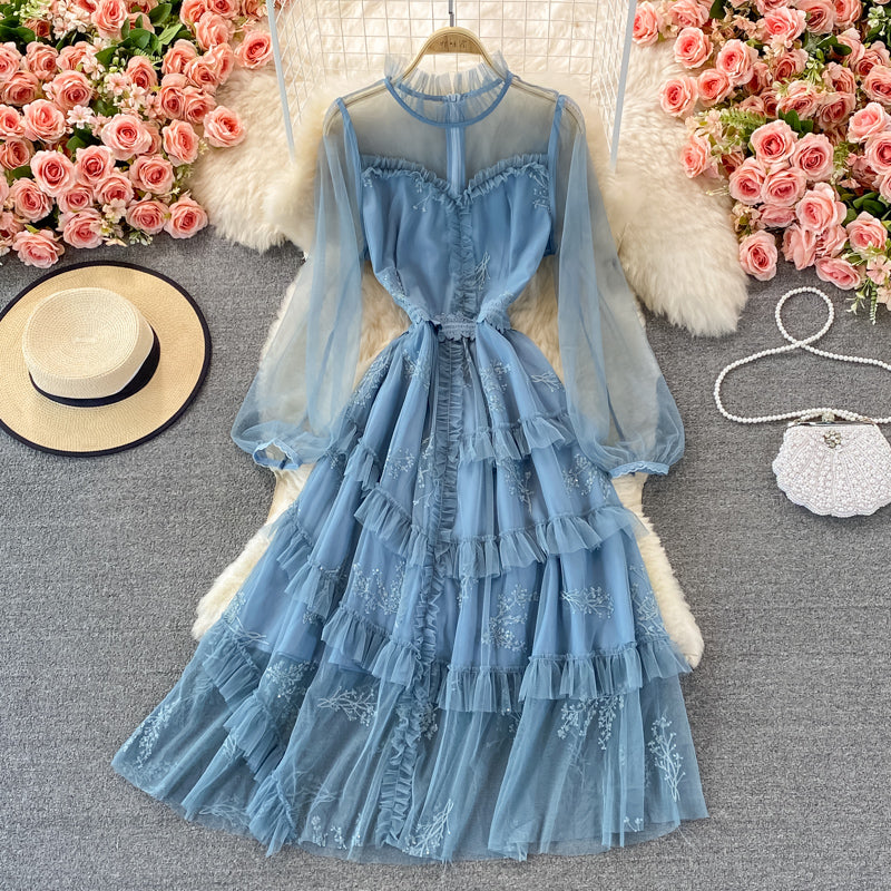 Blaues A-Linien-Kleid aus Tüllspitze, modisches Kleid RF0297