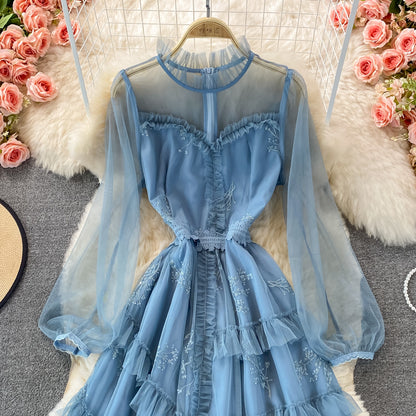 Blaues A-Linien-Kleid aus Tüllspitze, modisches Kleid RF0297
