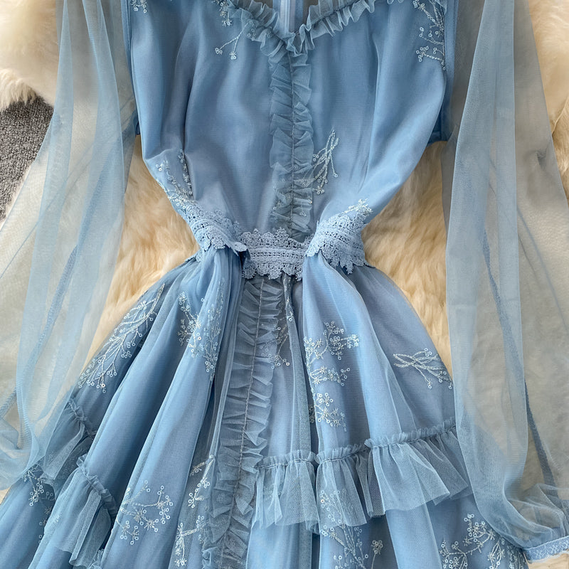 Blaues A-Linien-Kleid aus Tüllspitze, modisches Kleid RF0297