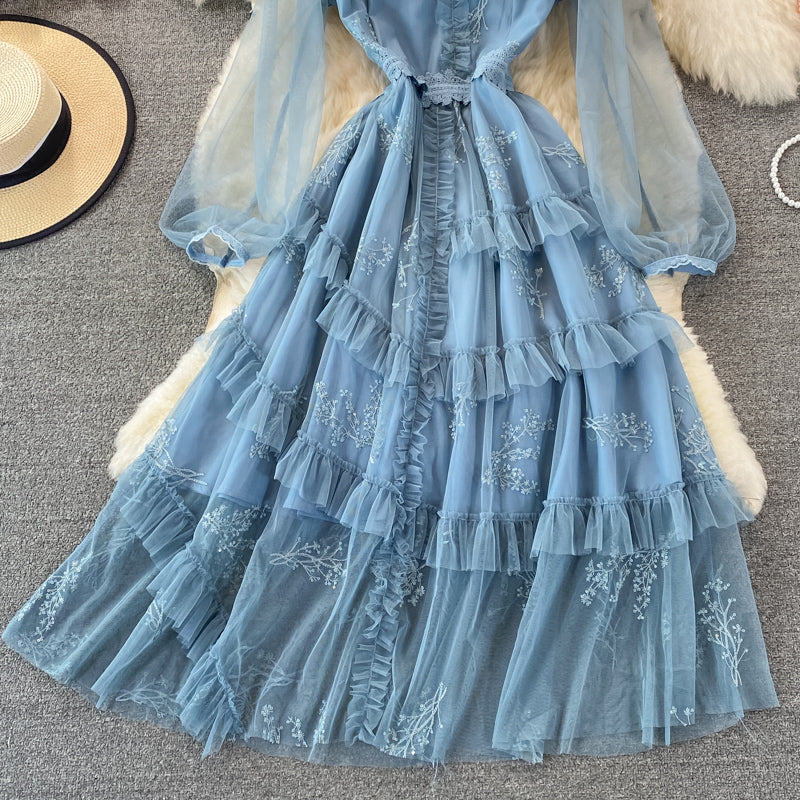 Blaues A-Linien-Kleid aus Tüllspitze, modisches Kleid RF0297