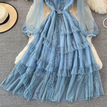 Blaues A-Linien-Kleid aus Tüllspitze, modisches Kleid RF0297