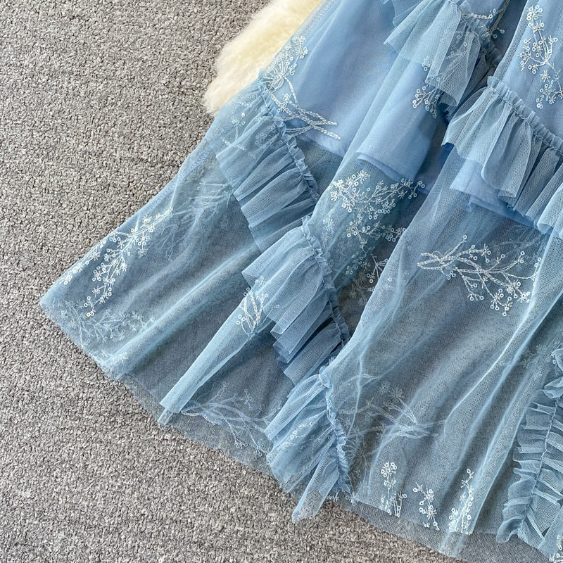 Blaues A-Linien-Kleid aus Tüllspitze, modisches Kleid RF0297