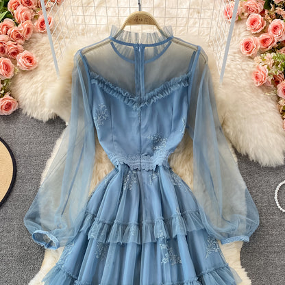 Blaues A-Linien-Kleid aus Tüllspitze, modisches Kleid RF0297