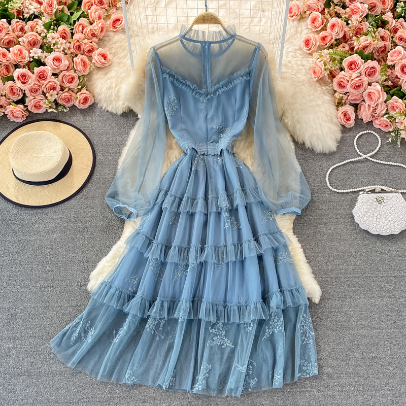 Blaues A-Linien-Kleid aus Tüllspitze, modisches Kleid RF0297