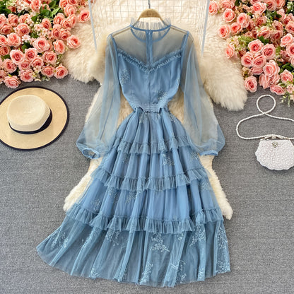 Blaues A-Linien-Kleid aus Tüllspitze, modisches Kleid RF0297