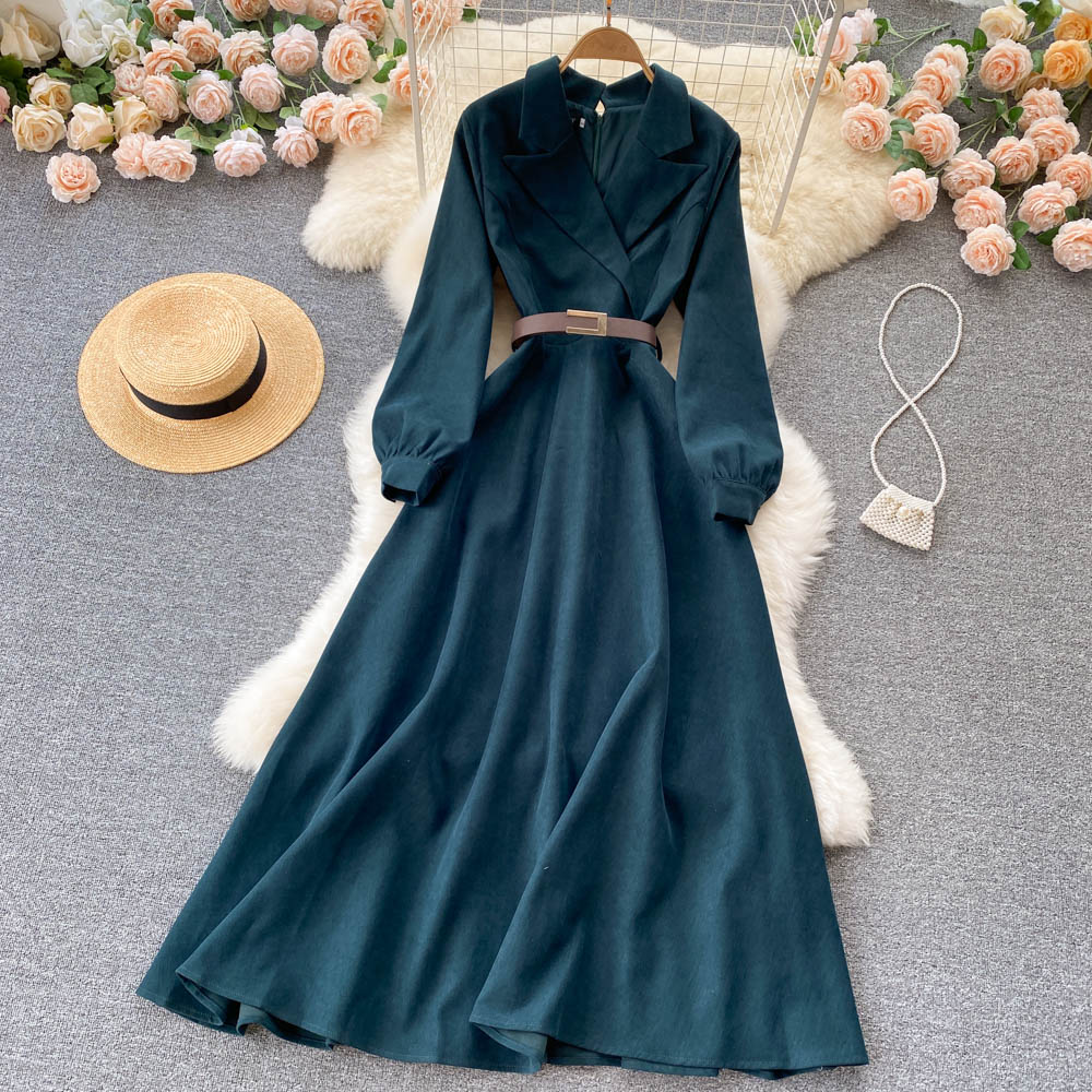 Robe à manches longues en velours côtelé bleu Robe mode bleue RF0296