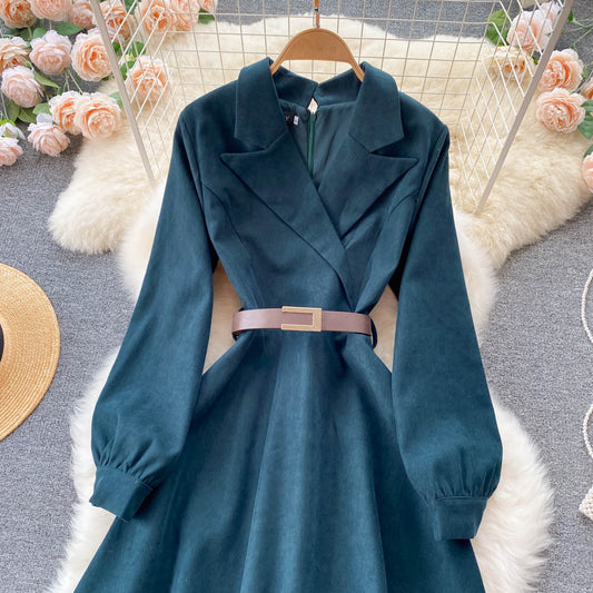 Blue Corduroy Long Sleeve Dress Blue Fashion Dress RF0296