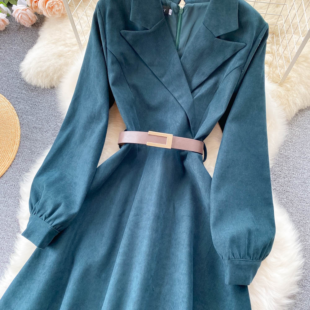 Robe à manches longues en velours côtelé bleu Robe mode bleue RF0296