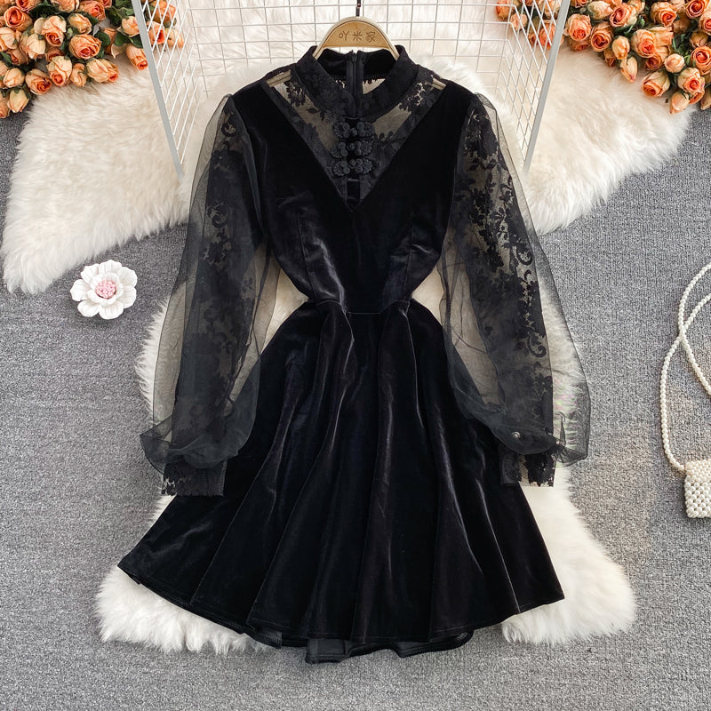 Robe noire à manches longues en dentelle, robe noire tendance RF0293
