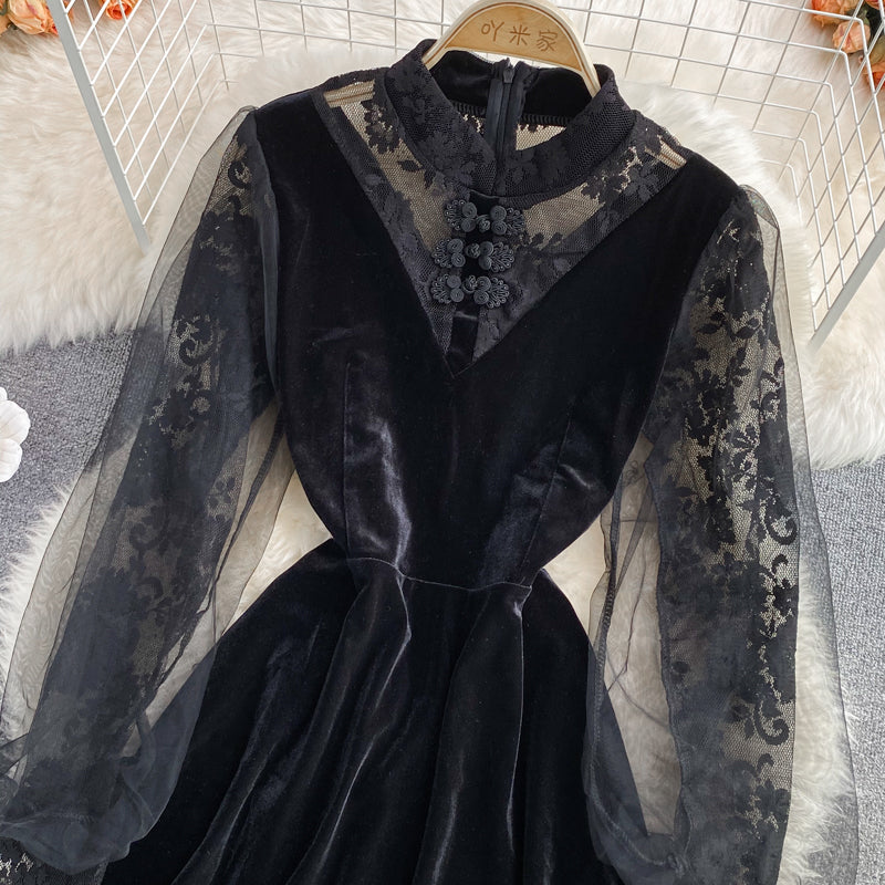 Robe noire à manches longues en dentelle, robe noire tendance RF0293