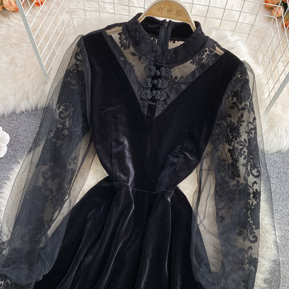 Robe noire à manches longues en dentelle, robe noire tendance RF0293