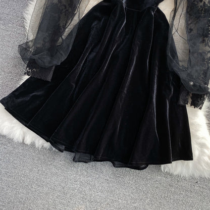 Robe noire à manches longues en dentelle, robe noire tendance RF0293
