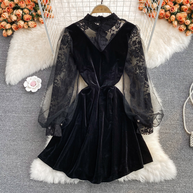 Robe noire à manches longues en dentelle, robe noire tendance RF0293