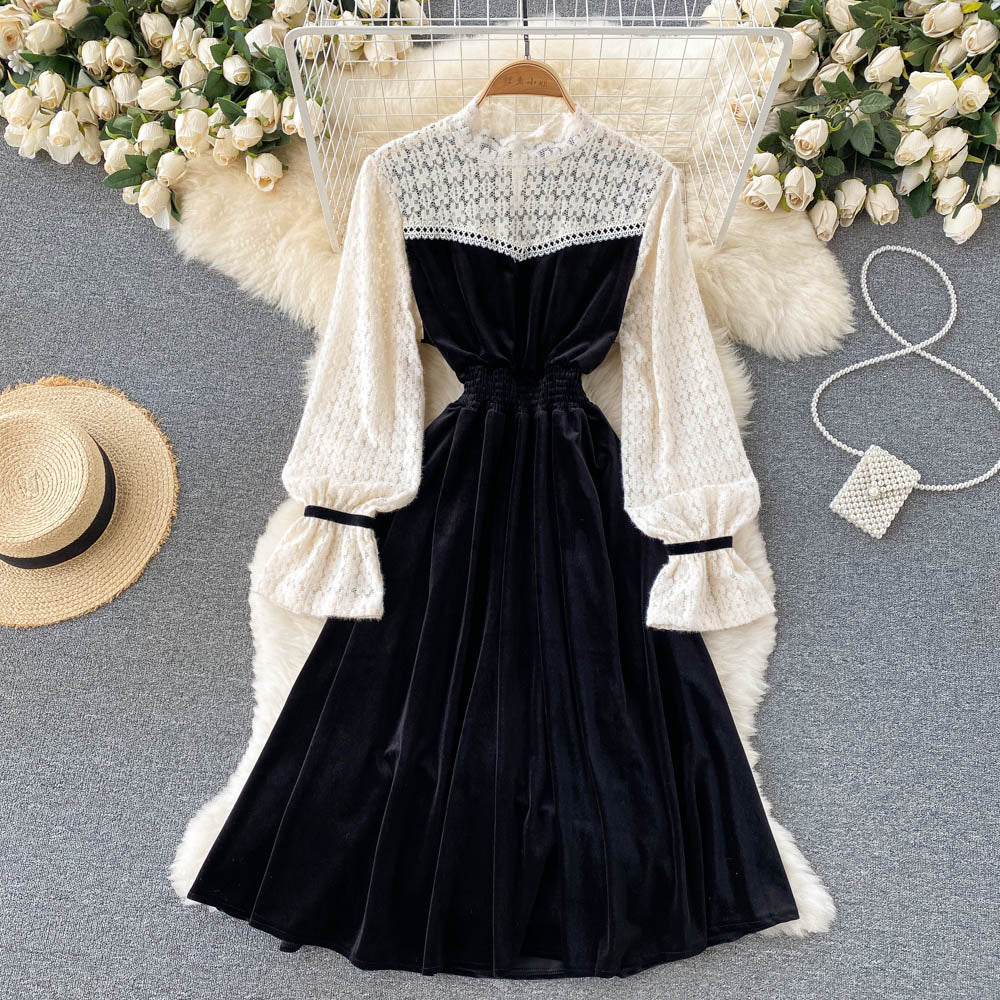 Schwarzes Samt-Spitzenkleid A-Linie Langarm-Modekleid RF0290