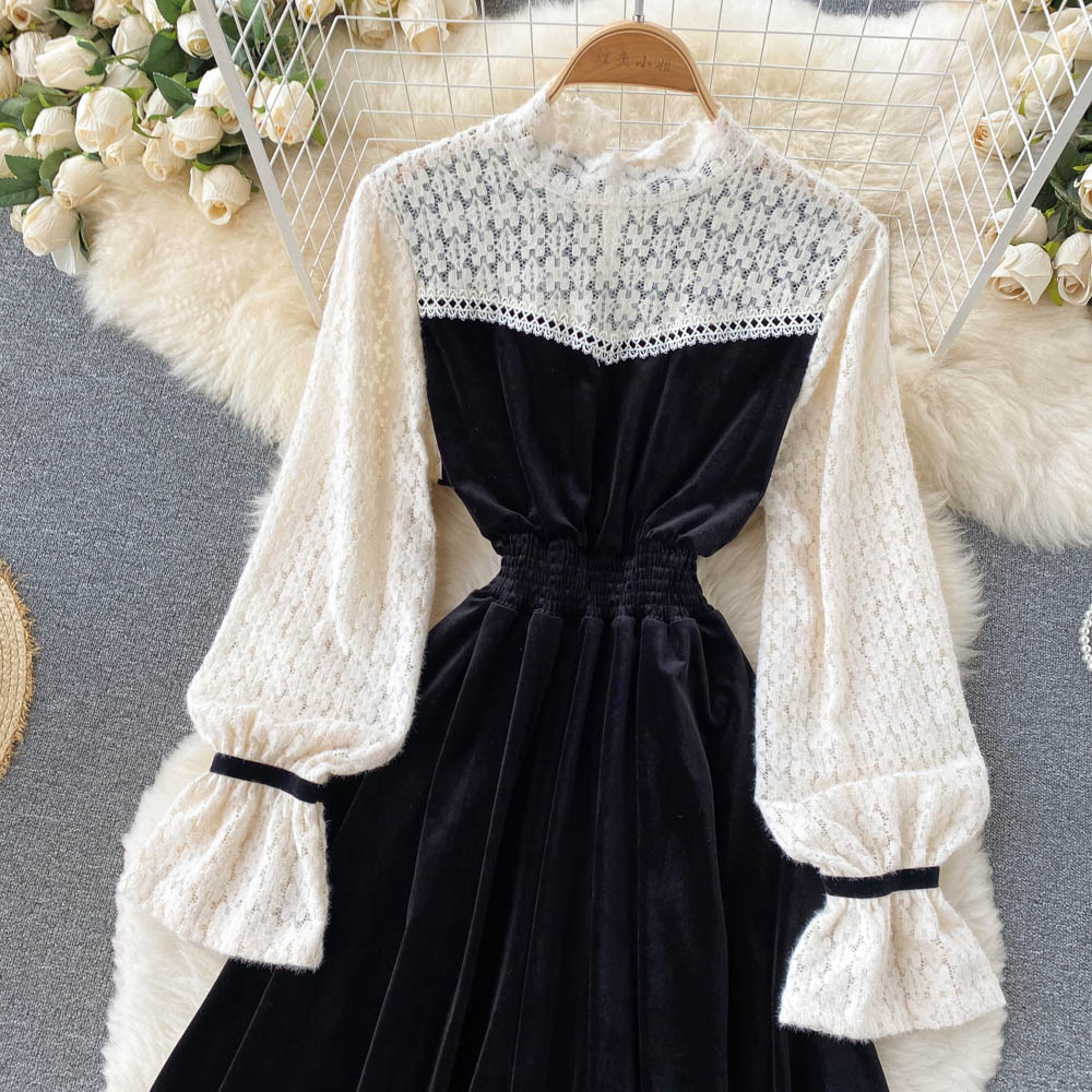 Schwarzes Samt-Spitzenkleid A-Linie Langarm-Modekleid RF0290