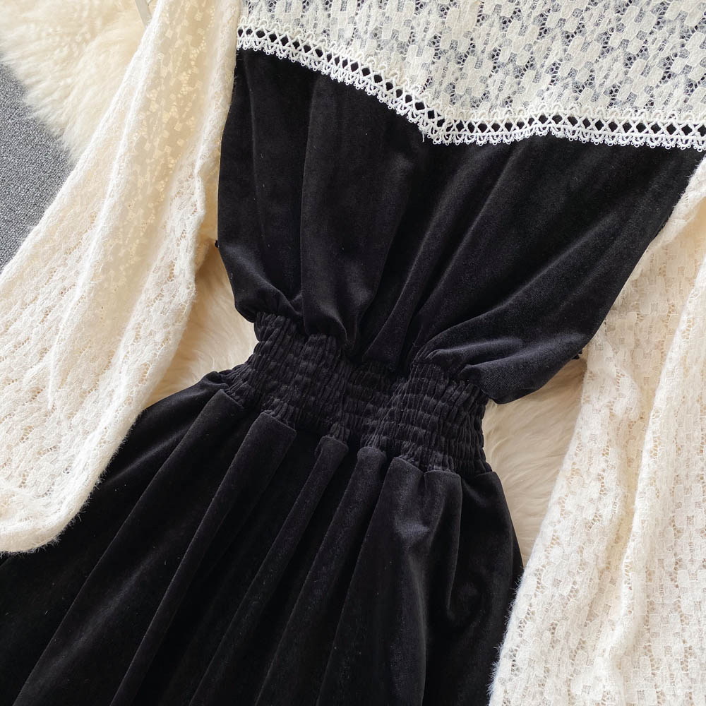 Schwarzes Samt-Spitzenkleid A-Linie Langarm-Modekleid RF0290
